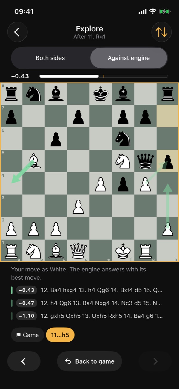 Explore mode: playing against the engine after move 11, with its three best lines
