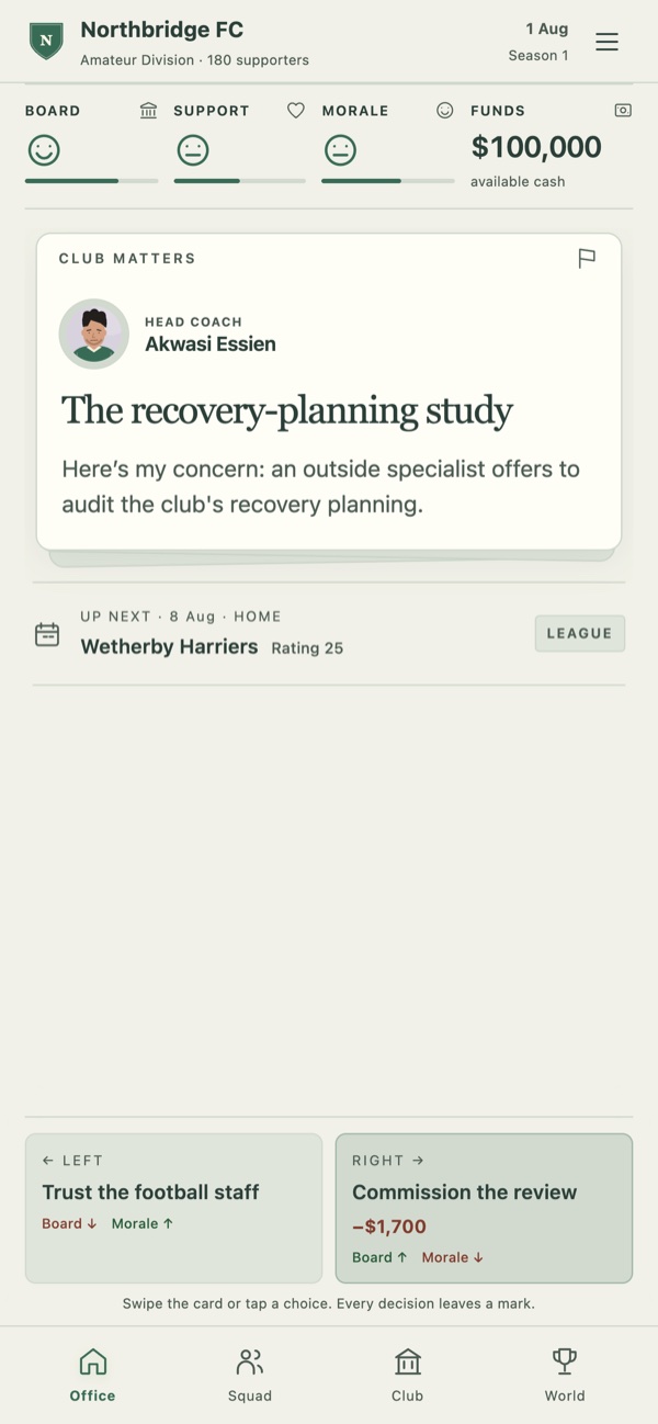 The Chairman office: a club-matters decision card, the board, support, morale and funds