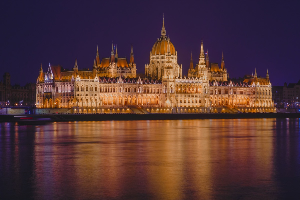 a large building that is lit up at night