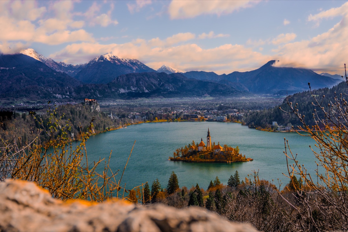 Lake Bled with its island church, framed by snow-capped mountains