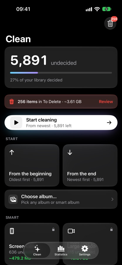 The Clean screen with the undecided count and cleaning modes