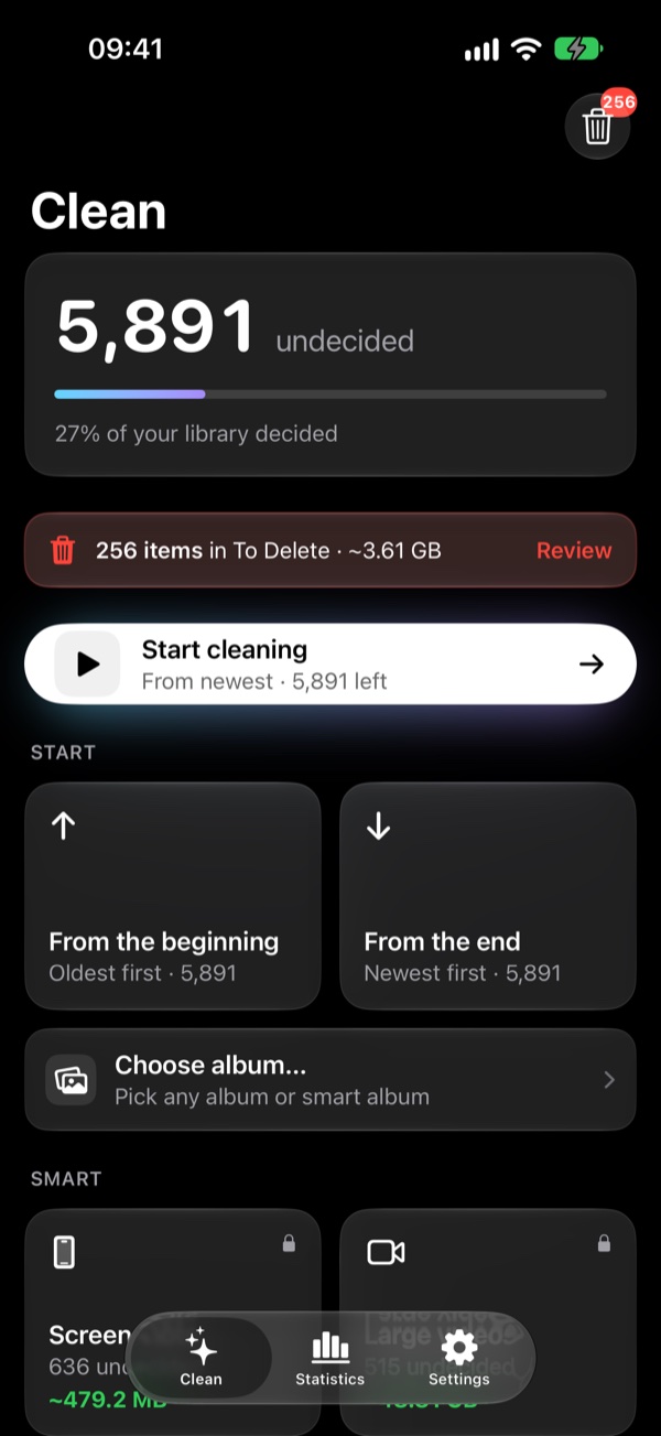 The Clean screen with cleaning modes